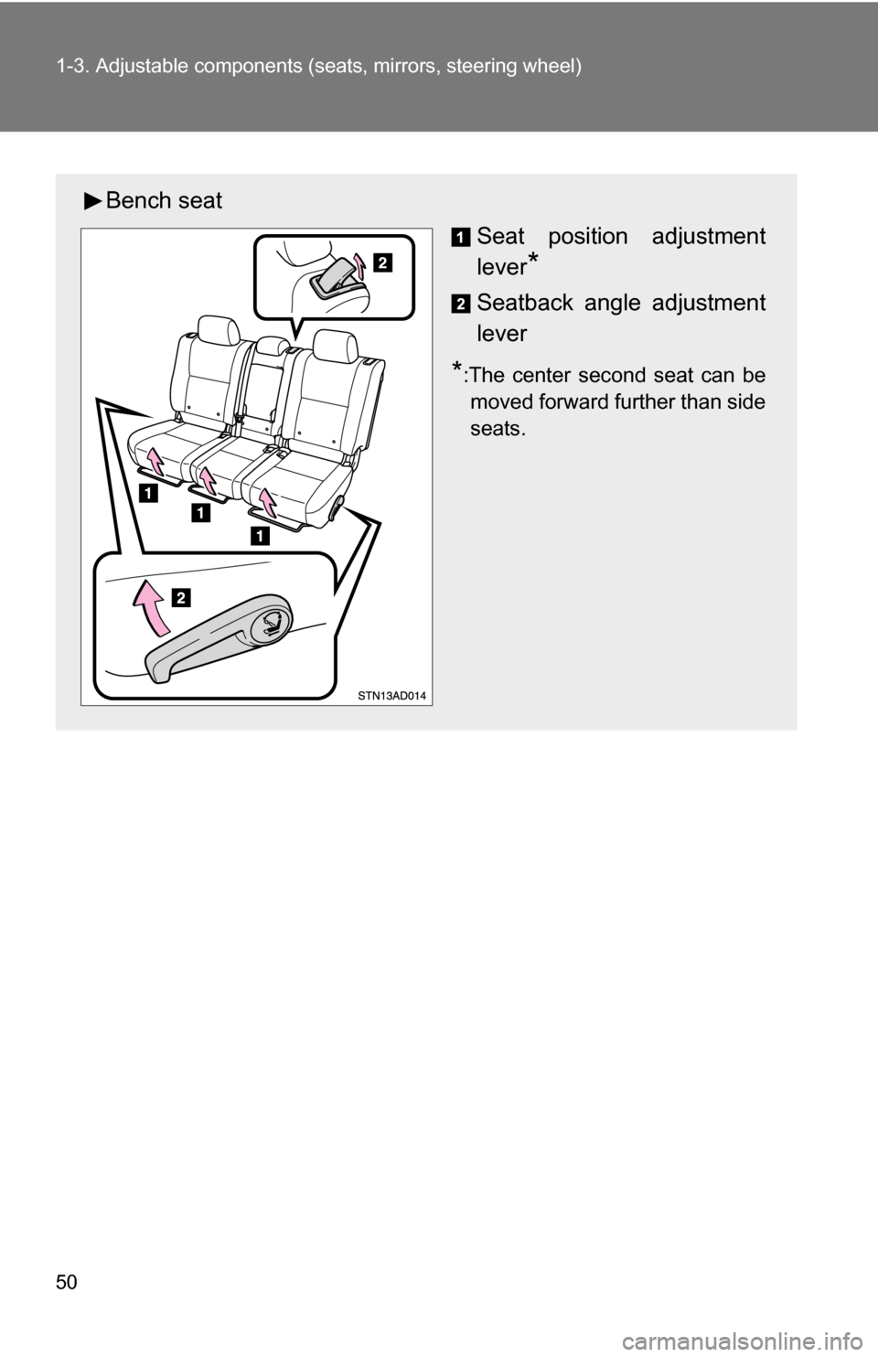 TOYOTA SEQUOIA 2008 2.G Service Manual 50 1-3. Adjustable components (seats, mirrors, steering wheel)
Bench seat
Seat position adjustment
lever
*
Seatback angle adjustment
lever
*:The center second seat can bemoved forward further than sid