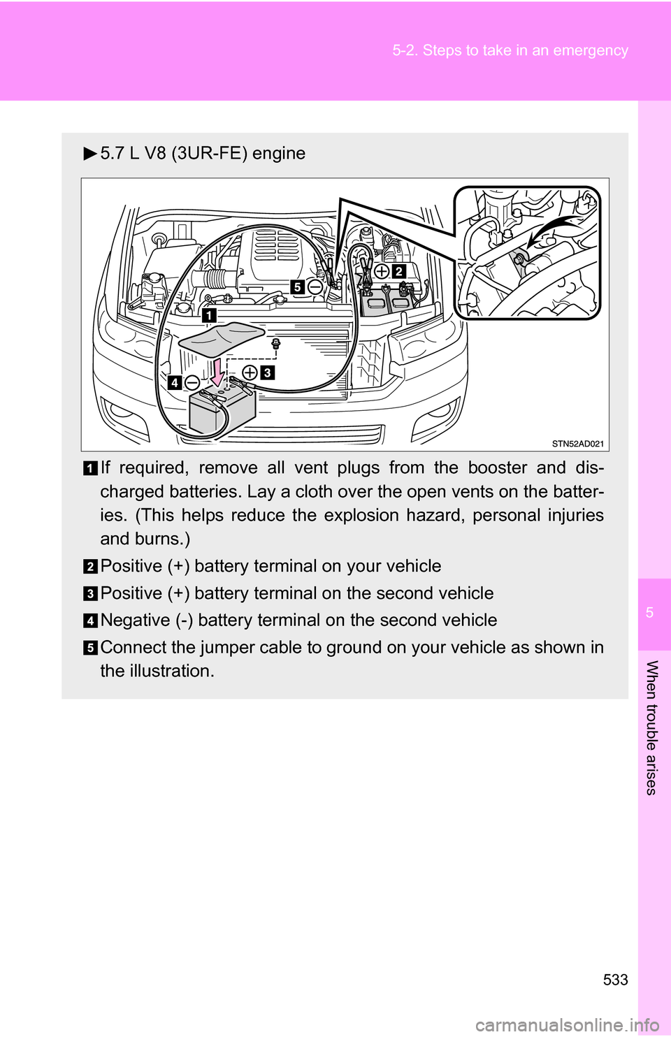 TOYOTA SEQUOIA 2008 2.G Owners Manual 5
When trouble arises
533
5-2. Steps to take in an emergency
5.7 L V8 (3UR-FE) engine
If required, remove all vent 
plugs from the booster and dis-
charged batteries. Lay a cloth ov er the open vents 
