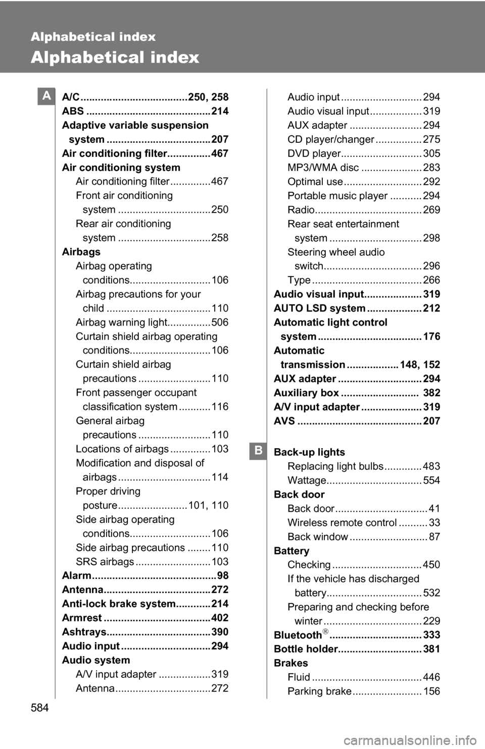 TOYOTA SEQUOIA 2008 2.G Owners Manual 584
Alphabetical index
Alphabetical index
A/C ..................................... 250, 258
ABS ........................................... 214
Adaptive variable suspension system ...................