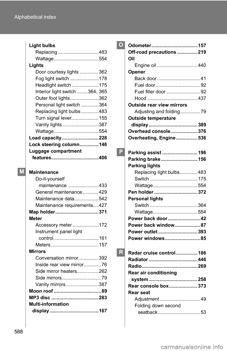 TOYOTA SEQUOIA 2008 2.G Owners Manual 588 Alphabetical index
Light bulbsReplacing .............................. 483
Wattage ................................. 554
Lights Door courtesy lights .............. 362
Fog light switch ........... TOYOTA SEQUOIA 2008 2.G Owners Manual 588 Alphabetical index
Light bulbsReplacing .............................. 483
Wattage ................................. 554
Lights Door courtesy lights .............. 362
Fog light switch ...........