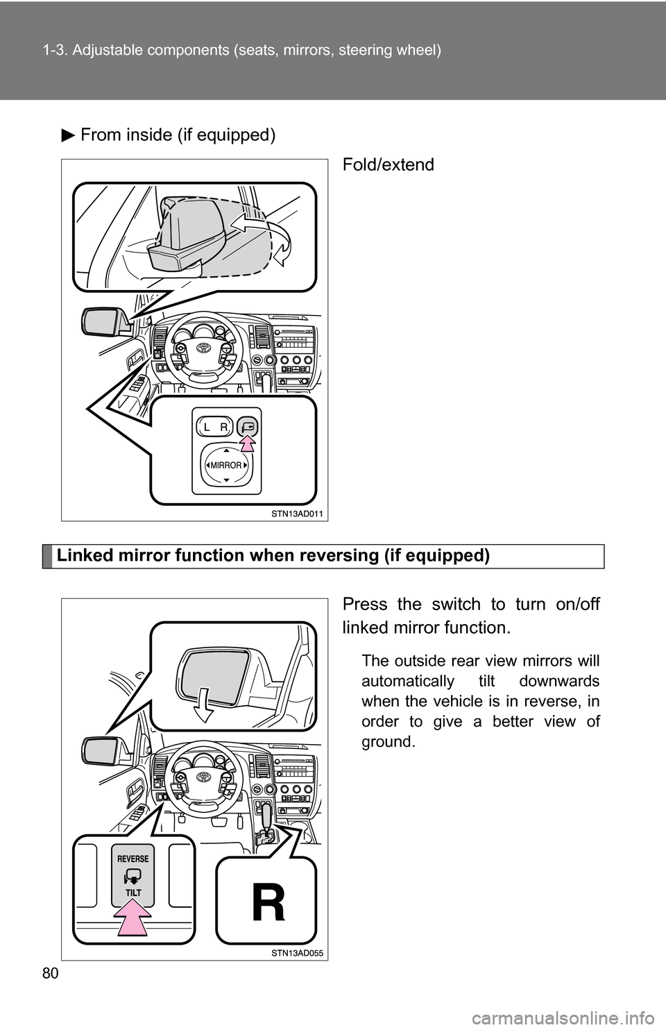 TOYOTA SEQUOIA 2008 2.G Manual PDF 80 1-3. Adjustable components (seats, mirrors, steering wheel)
From inside (if equipped)
Fold/extend
Linked mirror function when reversing (if equipped)
Press the switch to turn on/off
linked mirror f