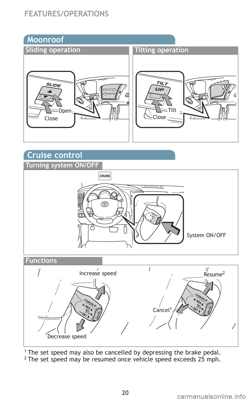 TOYOTA SEQUOIA 2008 2.G Quick Reference Guide 20
Moonroof
Sliding operationTilting operation
OpenTilt
CloseClose
Cruise control
1 The set speed may also be cancelled by depressing the brake pedal.2 The set speed may be resumed once vehicle speed TOYOTA SEQUOIA 2008 2.G Quick Reference Guide 20
Moonroof
Sliding operationTilting operation
OpenTilt
CloseClose
Cruise control
1 The set speed may also be cancelled by depressing the brake pedal.2 The set speed may be resumed once vehicle speed
