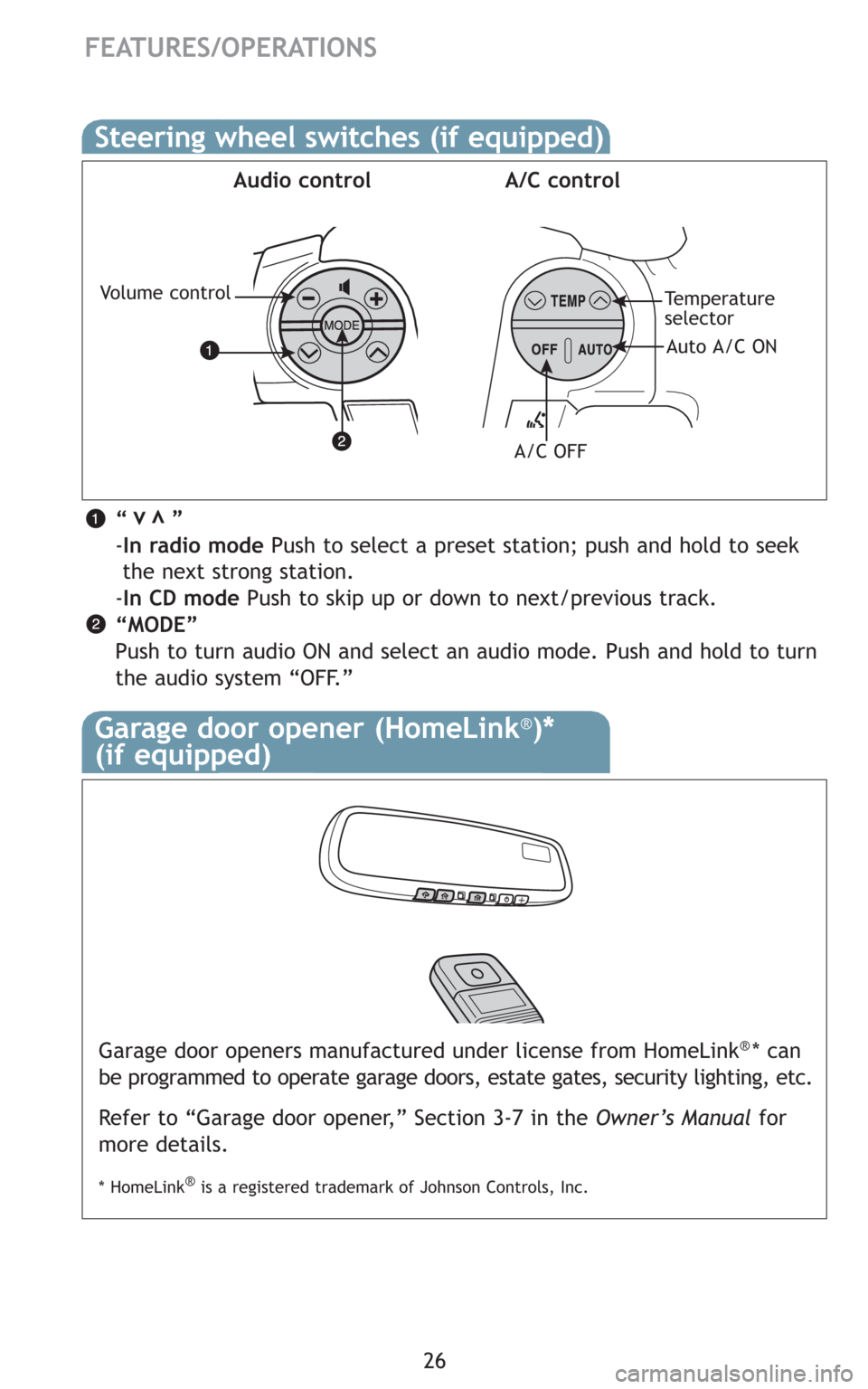 TOYOTA SEQUOIA 2008 2.G Quick Reference Guide 26
FEATURES/OPERATIONS
Garage door openers manufactured under license from HomeLink®* can
be programmed to operate garage doors, estate gates, security lighting, etc.
Refer to “Garage door opener, TOYOTA SEQUOIA 2008 2.G Quick Reference Guide 26
FEATURES/OPERATIONS
Garage door openers manufactured under license from HomeLink®* can
be programmed to operate garage doors, estate gates, security lighting, etc.
Refer to “Garage door opener,