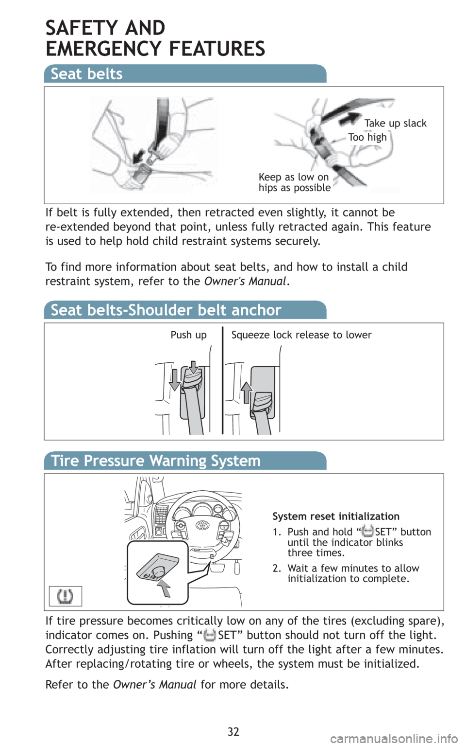 TOYOTA SEQUOIA 2008 2.G Quick Reference Guide 32
SAFETY AND 
EMERGENCY FEATURES
If belt is fully extended, then retracted even slightly, it cannot be 
re-extended beyond that point, unless fully retracted again. This feature
is used to help hold 