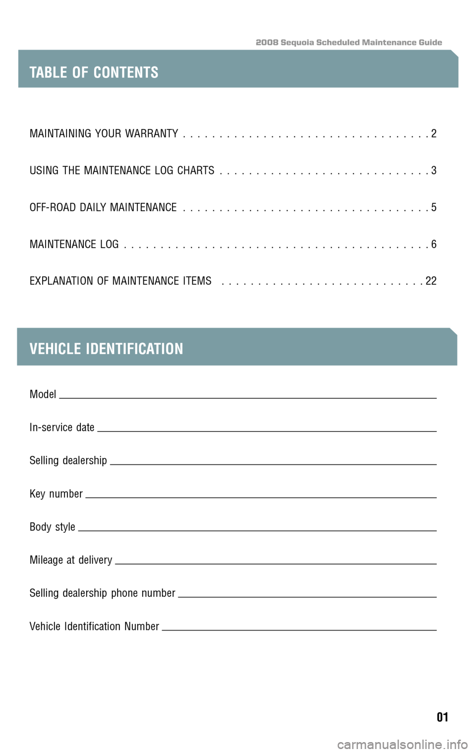 TOYOTA SEQUOIA 2008 2.G Scheduled Maintenance Guide 2008 Sequoia Scheduled Maintenance Guide
MAINTAINING YOUR WARRANTY..................................2 
USING THE MAINTENANCE LOG CHARTS  .............................3 
OFF-ROAD DAILY MAINTENANCE  ...