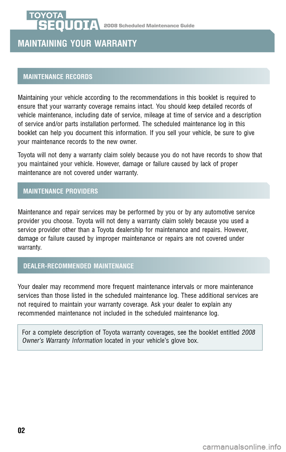TOYOTA SEQUOIA 2008 2.G Scheduled Maintenance Guide 2008 Scheduled Maintenance GuideSEQUOIA
MAINTENANCE RECORDS 
Maintaining your vehicle according to the recommendations in this booklet is required to 
ensure that your warranty coverage remains intac