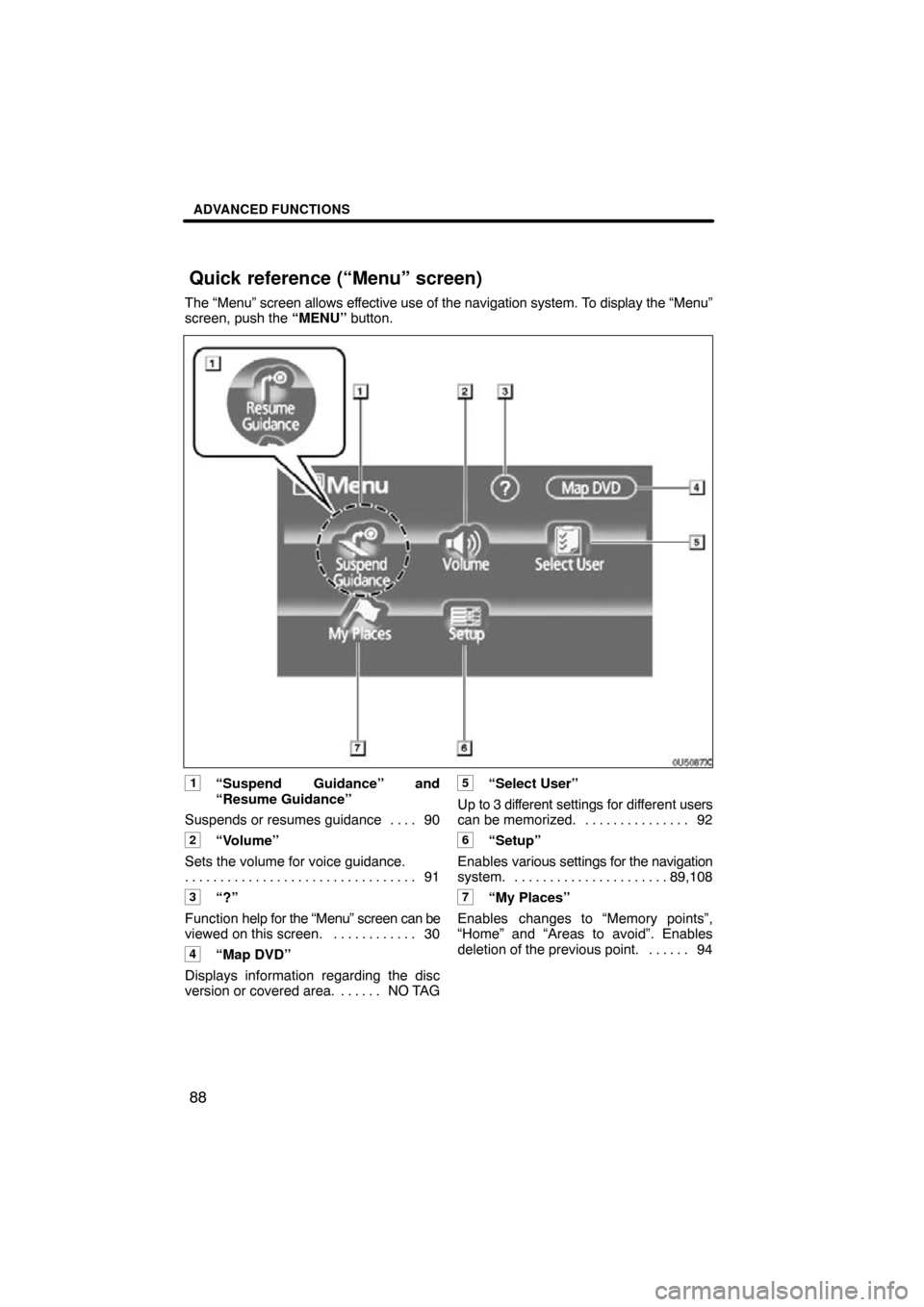 TOYOTA SEQUOIA 2009 2.G Navigation Manual ADVANCED FUNCTIONS
88
The “Menu” screen allows effective use of the navigation system. To display the “Menu”
screen, push the “MENU” button.
0U5087X
1“Suspend Guidance” and
“Resume G