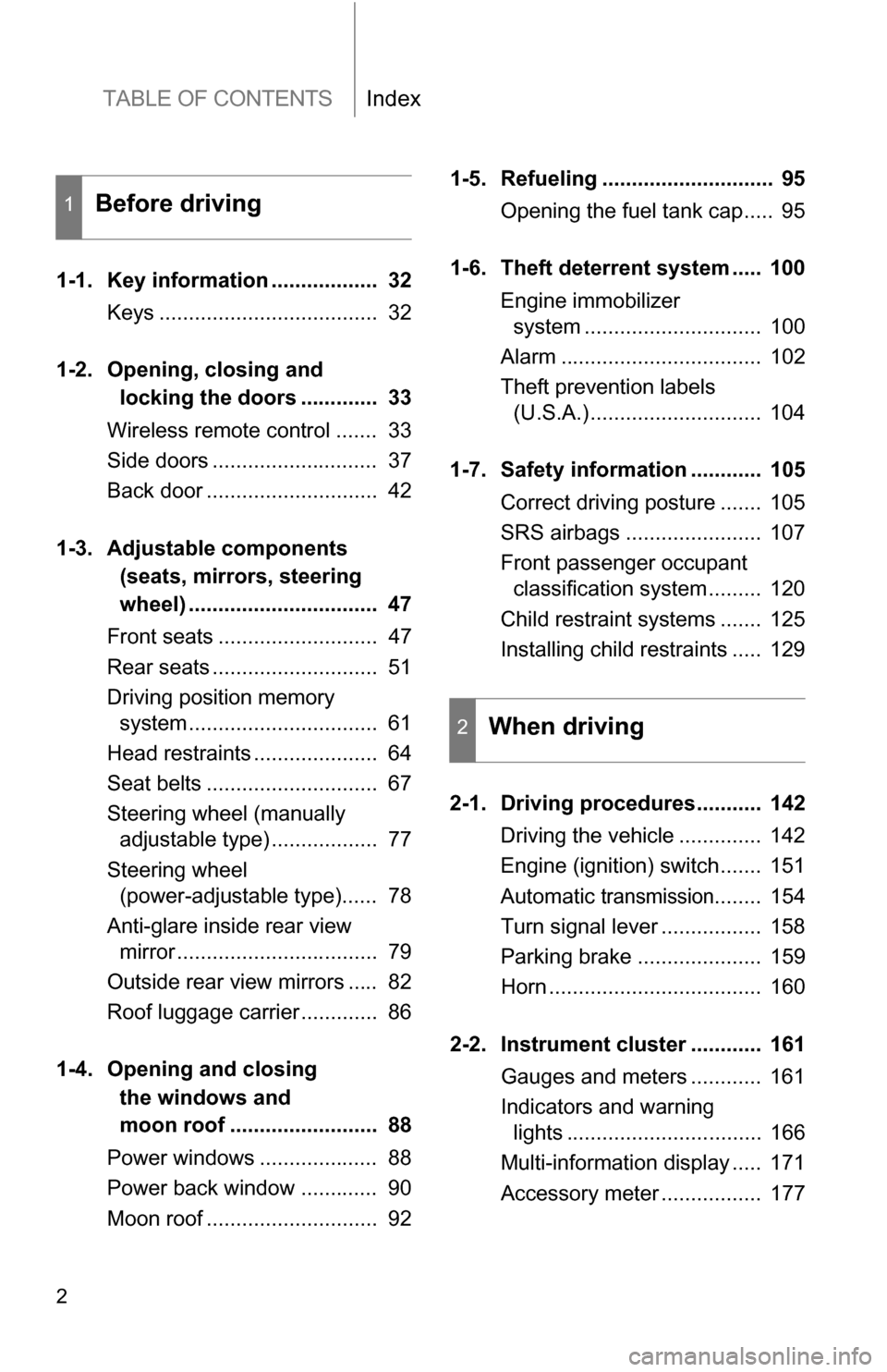 TOYOTA SEQUOIA 2009 2.G Owners Manual TABLE OF CONTENTSIndex
2
1-1. Key information .................. 32Keys ..................................... 32
1-2. Opening, closing and locking the doors ............. 33
Wireless remote contro TOYOTA SEQUOIA 2009 2.G Owners Manual TABLE OF CONTENTSIndex
2
1-1. Key information .................. 32Keys ..................................... 32
1-2. Opening, closing and locking the doors ............. 33
Wireless remote contro
