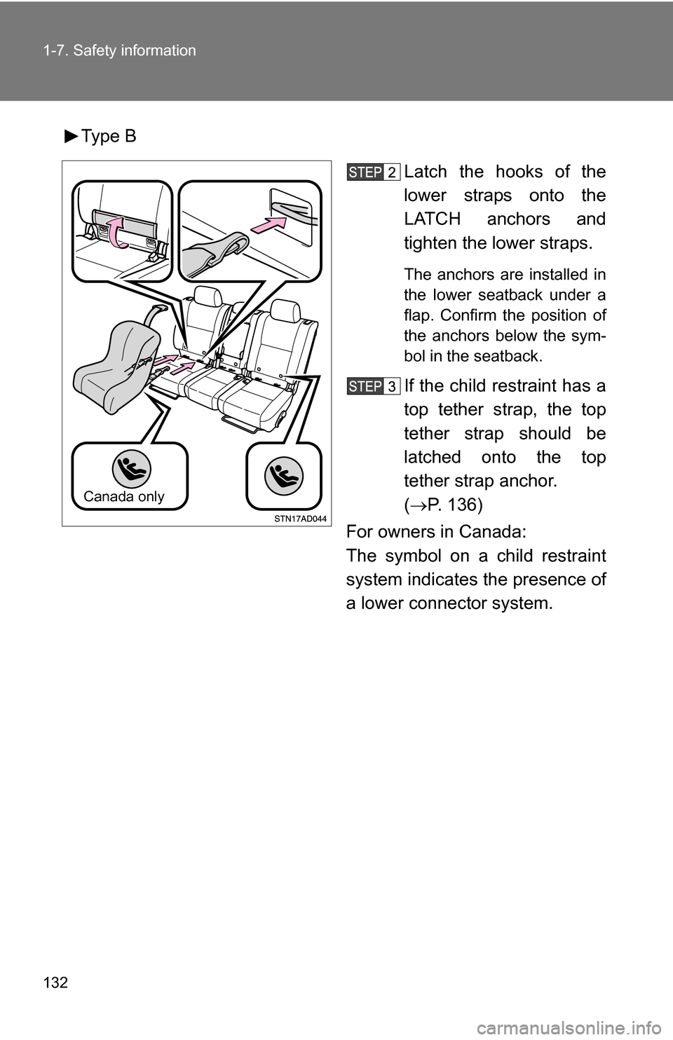 TOYOTA SEQUOIA 2009 2.G Owners Manual 132 1-7. Safety information
Type BLatch the hooks of the
lower straps onto the
LATCH anchors and
tighten the lower straps.
The anchors are installed in
the lower seatback under a
flap. Confirm the pos TOYOTA SEQUOIA 2009 2.G Owners Manual 132 1-7. Safety information
Type BLatch the hooks of the
lower straps onto the
LATCH anchors and
tighten the lower straps.
The anchors are installed in
the lower seatback under a
flap. Confirm the pos