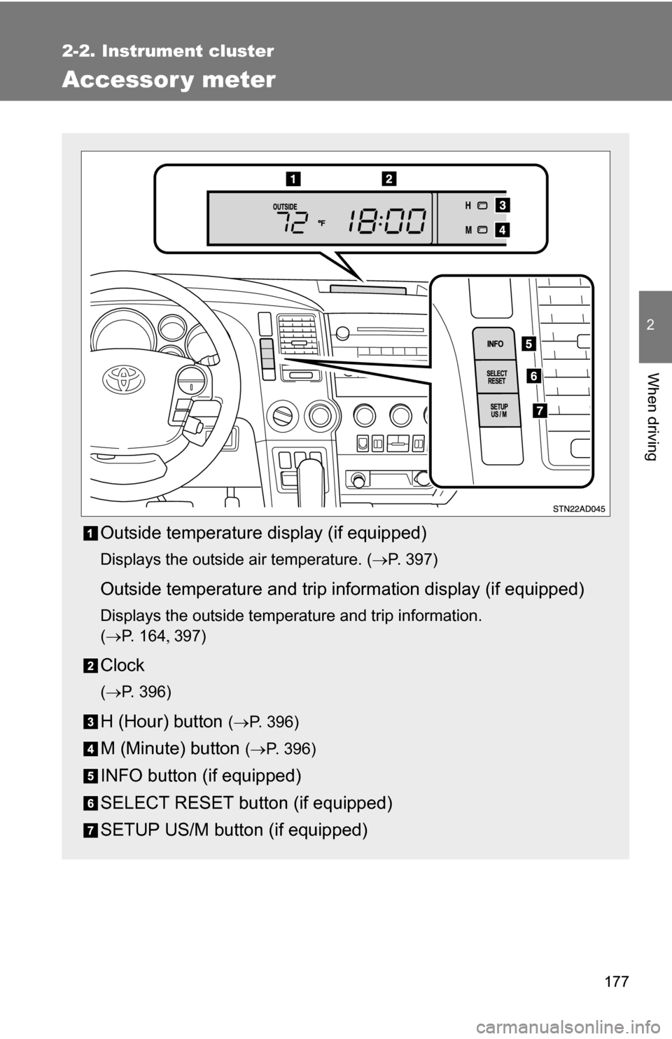 TOYOTA SEQUOIA 2009 2.G Owners Manual 177
2-2. Instrument cluster
2
When driving
Accessor y meter
Outside temperature display (if equipped)
Displays the outside air temperature. (P. 397)
Outside temperature and trip information display TOYOTA SEQUOIA 2009 2.G Owners Manual 177
2-2. Instrument cluster
2
When driving
Accessor y meter
Outside temperature display (if equipped)
Displays the outside air temperature. (P. 397)
Outside temperature and trip information display