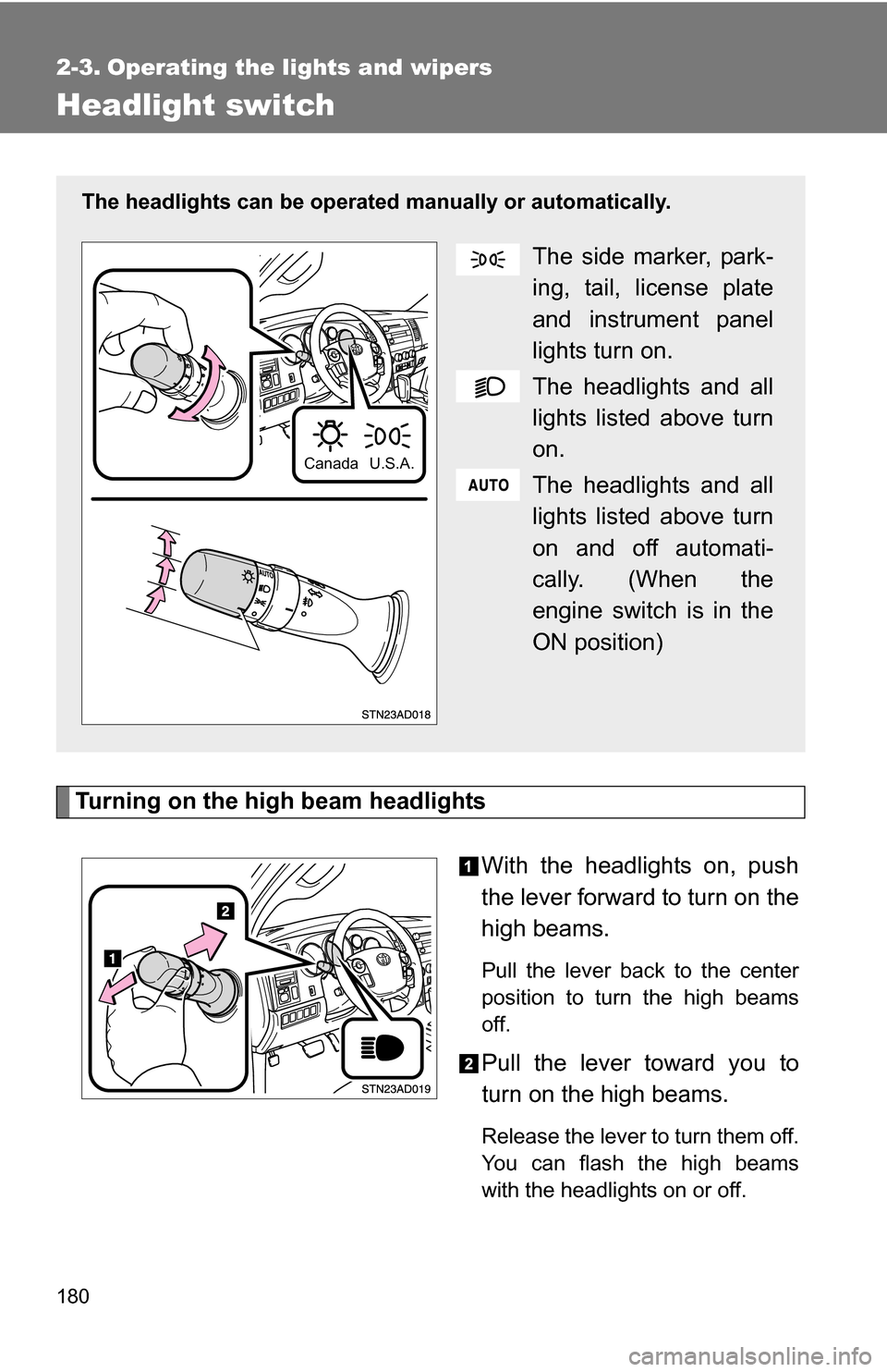 TOYOTA SEQUOIA 2009 2.G Owners Manual 180
2-3. Operating the lights and wipers
Headlight switch
Turning on the high beam headlightsWith the headlights on, push
the lever forward to turn on the
high beams. 
Pull the lever back to the cente