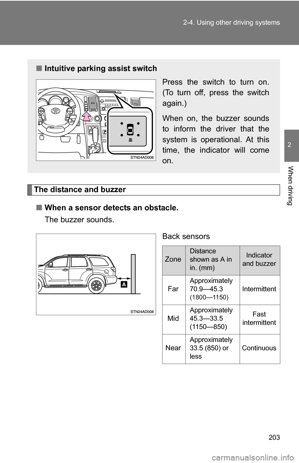 TOYOTA SEQUOIA 2009 2.G User Guide 203
2-4. Using other
driving systems
2
When driving
The distance and buzzer
■ When a sensor detects an obstacle.
The buzzer sounds.
Back sensors
■Intuitive parking assist switch
Press the switch TOYOTA SEQUOIA 2009 2.G User Guide 203
2-4. Using other
driving systems
2
When driving
The distance and buzzer
■ When a sensor detects an obstacle.
The buzzer sounds.
Back sensors
■Intuitive parking assist switch
Press the switch