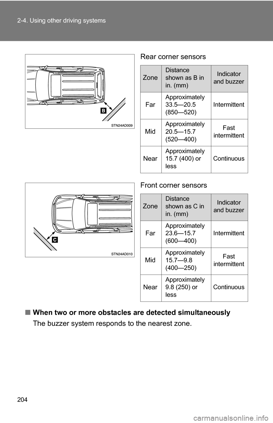 TOYOTA SEQUOIA 2009 2.G User Guide 204 2-4. Using other driving systems
Rear corner sensors
Front corner sensors
■ When two or more obstacles are detected simultaneously
The buzzer system responds to the nearest zone.
Zone
Distance TOYOTA SEQUOIA 2009 2.G User Guide 204 2-4. Using other driving systems
Rear corner sensors
Front corner sensors
■ When two or more obstacles are detected simultaneously
The buzzer system responds to the nearest zone.
Zone
Distance