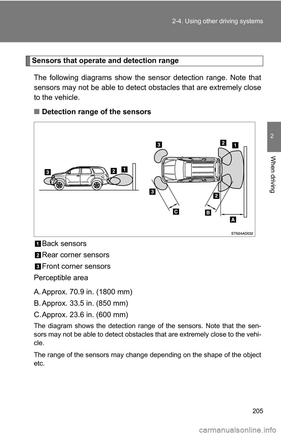 TOYOTA SEQUOIA 2009 2.G User Guide 205
2-4. Using other
driving systems
2
When driving
Sensors that operate and detection range
The following diagrams show the se nsor detection range. Note that
sensors may not be able to detect obsta TOYOTA SEQUOIA 2009 2.G User Guide 205
2-4. Using other
driving systems
2
When driving
Sensors that operate and detection range
The following diagrams show the se nsor detection range. Note that
sensors may not be able to detect obsta