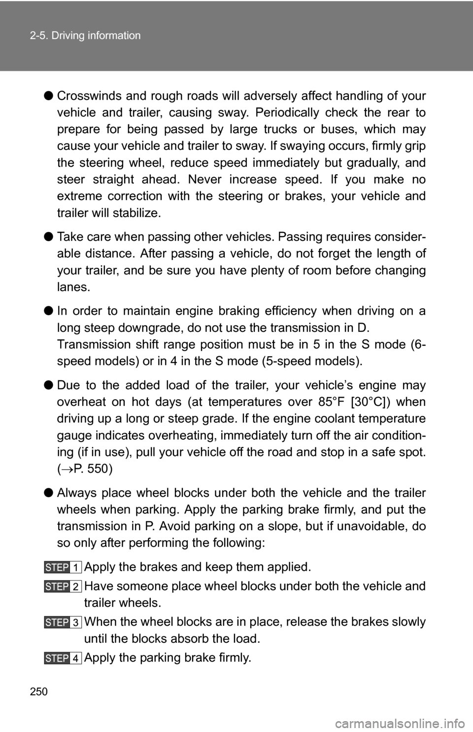 TOYOTA SEQUOIA 2009 2.G Owners Manual 250 2-5. Driving information
●Crosswinds and rough roads will adversely affect handling of your
vehicle and trailer, causing sway . Periodically check the rear to
prepare for being passed by large t TOYOTA SEQUOIA 2009 2.G Owners Manual 250 2-5. Driving information
●Crosswinds and rough roads will adversely affect handling of your
vehicle and trailer, causing sway . Periodically check the rear to
prepare for being passed by large t