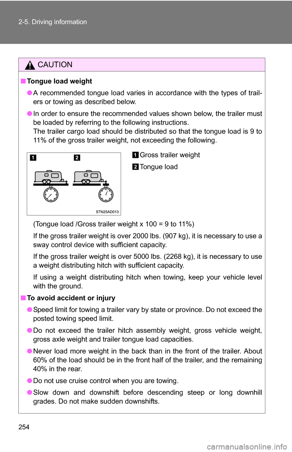 TOYOTA SEQUOIA 2009 2.G Owners Manual 254 2-5. Driving information
CAUTION
■Tongue load weight
●A recommended tongue load varies in accordance with the types of trail-
ers or towing as described below.
● In order to ensure the recom TOYOTA SEQUOIA 2009 2.G Owners Manual 254 2-5. Driving information
CAUTION
■Tongue load weight
●A recommended tongue load varies in accordance with the types of trail-
ers or towing as described below.
● In order to ensure the recom