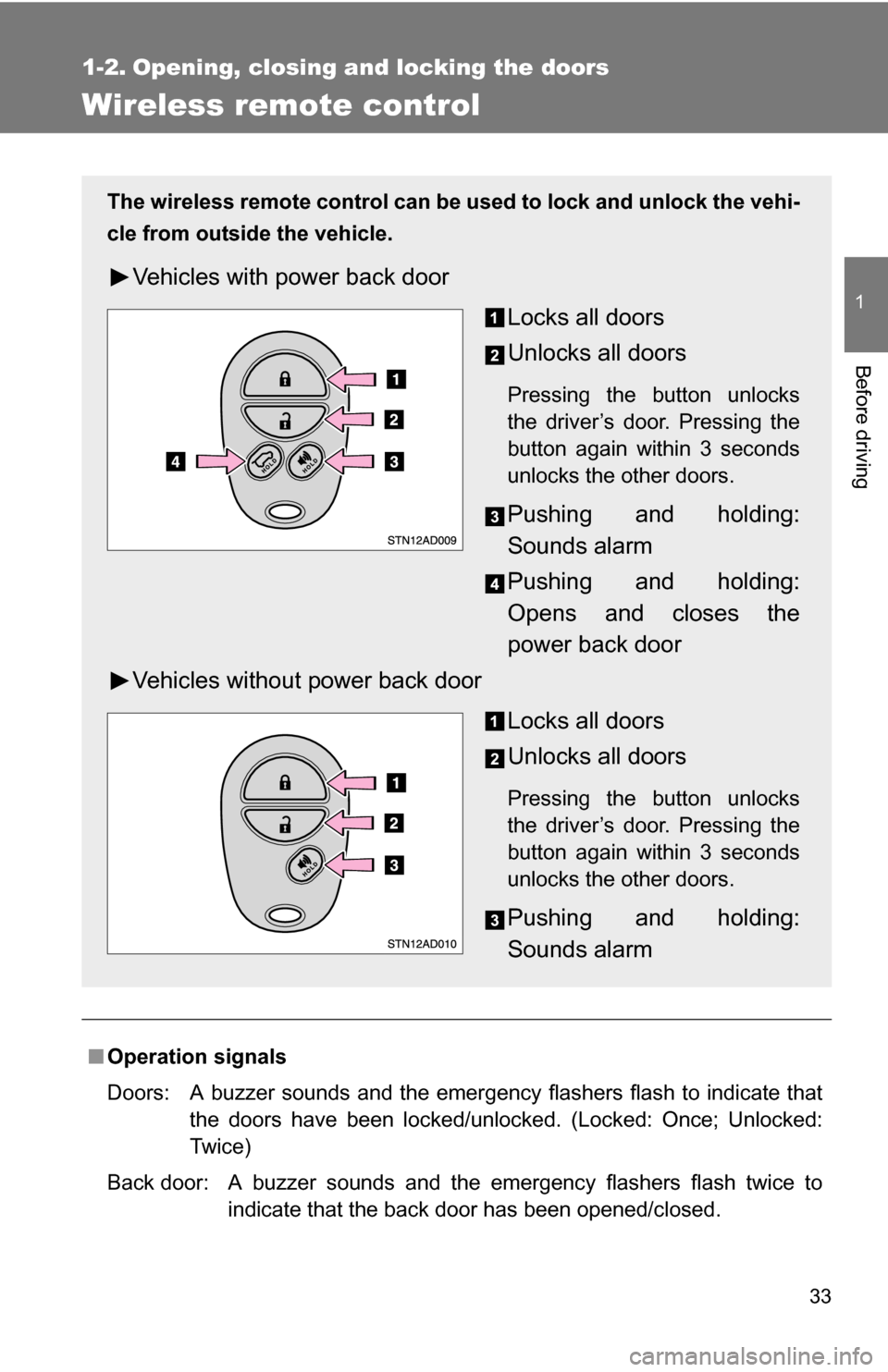 TOYOTA SEQUOIA 2009 2.G Owners Guide 33
1
Before driving
1-2. Opening, closing and locking the doors
Wireless remote control
■Operation signals
Doors: A buzzer sounds and the emergency flashers flash to indicate that
the doors have be TOYOTA SEQUOIA 2009 2.G Owners Guide 33
1
Before driving
1-2. Opening, closing and locking the doors
Wireless remote control
■Operation signals
Doors: A buzzer sounds and the emergency flashers flash to indicate that
the doors have be