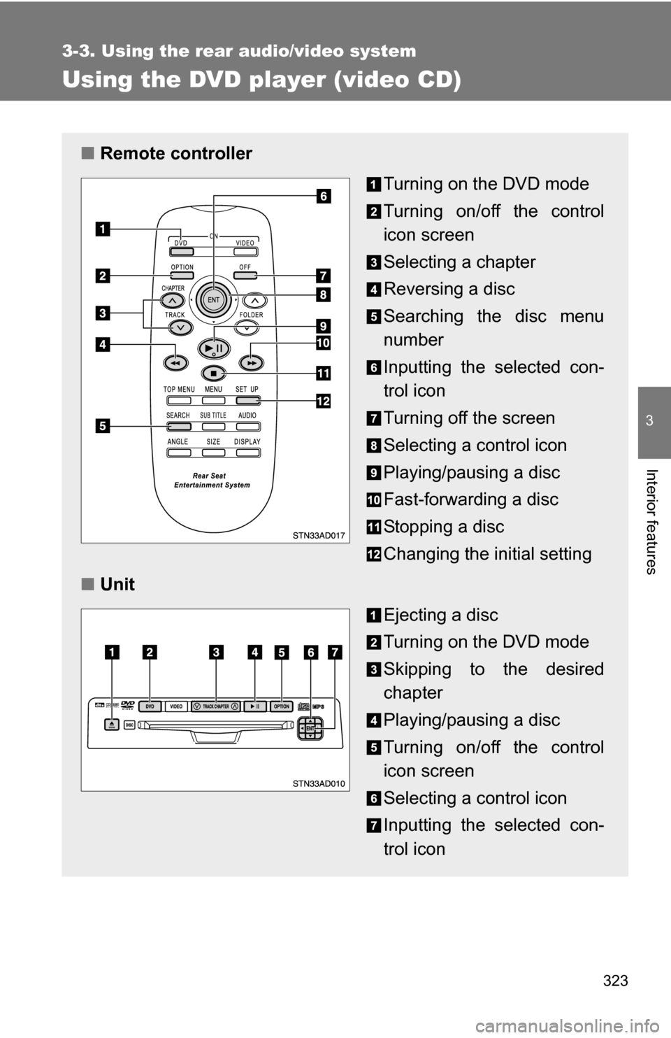 TOYOTA SEQUOIA 2009 2.G Owners Manual 323
3-3. Using the rear audio/video system
3
Interior features
Using the DVD player (video CD)
■Remote controller
Turning on the DVD mode 
Turning on/off the control
icon screen
Selecting a chapter
