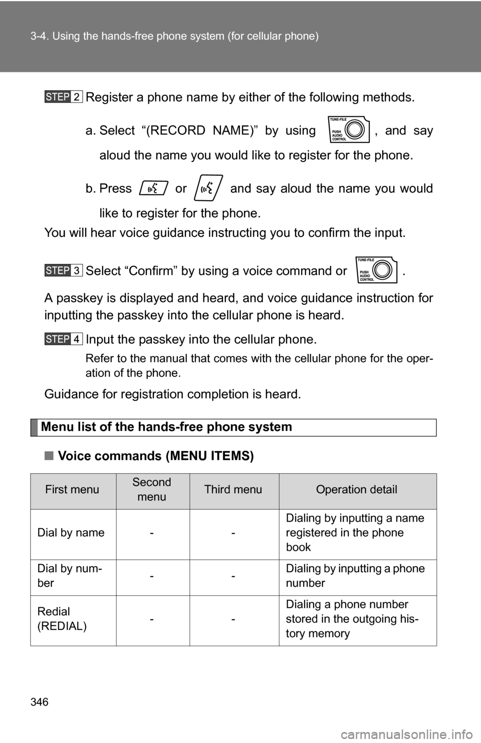 TOYOTA SEQUOIA 2009 2.G Owners Manual 346 3-4. Using the hands-free phone system (for cellular phone)
Register a phone name by either of the following methods.
a. Select “(RECORD NAME)” by using  , and say
aloud the name you would lik