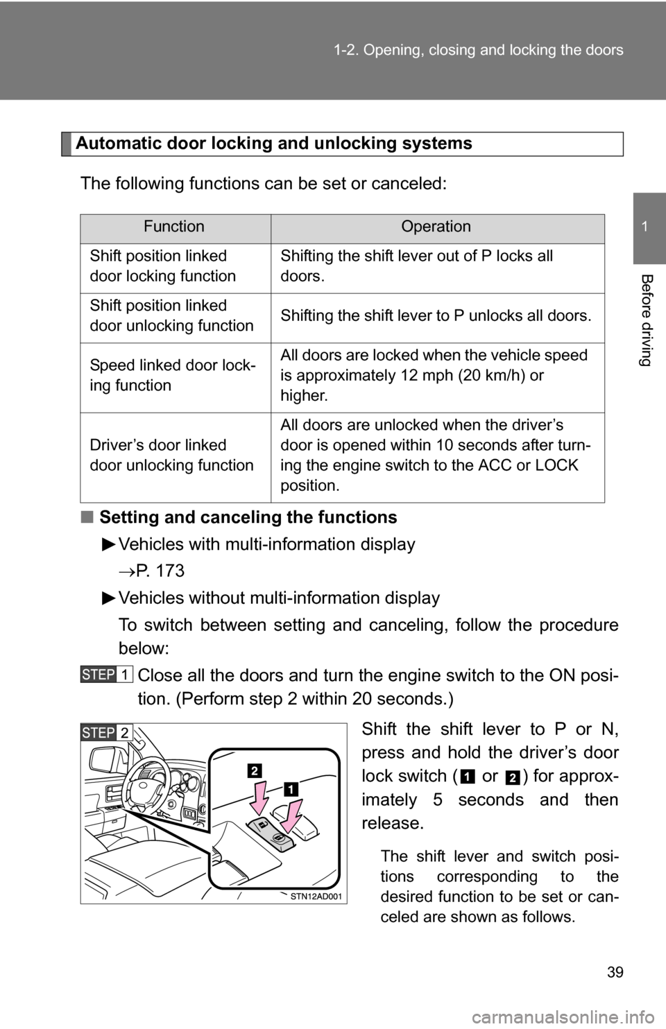 TOYOTA SEQUOIA 2009 2.G Owners Manual 39
1-2. Opening, closing and locking the doors
1
Before driving
Automatic door locking and unlocking systems
The following functions can be set or canceled:
■ Setting and canceling the functions
Veh TOYOTA SEQUOIA 2009 2.G Owners Manual 39
1-2. Opening, closing and locking the doors
1
Before driving
Automatic door locking and unlocking systems
The following functions can be set or canceled:
■ Setting and canceling the functions
Veh