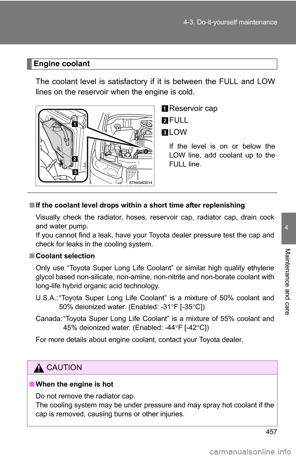 TOYOTA SEQUOIA 2009 2.G Owners Manual 457
4-3. Do-it-yourself maintenance
4
Maintenance and care
Engine coolant
The coolant level is satisfactory if it is between the FULL and LOW
lines on the reservoir when the engine is cold.
Reservoir TOYOTA SEQUOIA 2009 2.G Owners Manual 457
4-3. Do-it-yourself maintenance
4
Maintenance and care
Engine coolant
The coolant level is satisfactory if it is between the FULL and LOW
lines on the reservoir when the engine is cold.
Reservoir