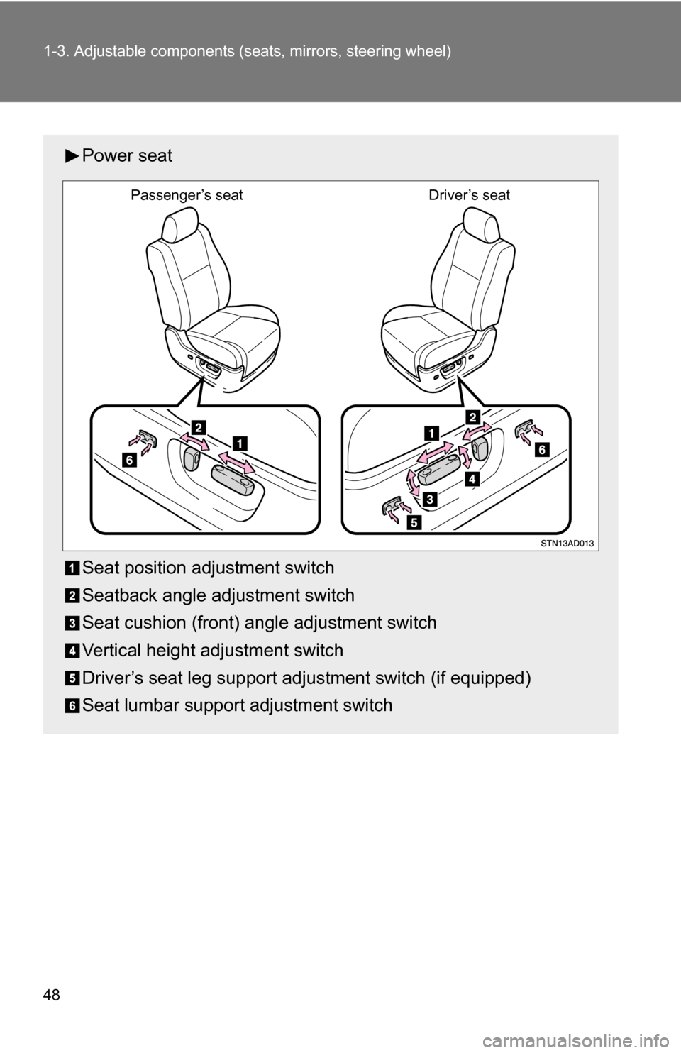 TOYOTA SEQUOIA 2009 2.G Service Manual 48 1-3. Adjustable components (seats, mirrors, steering wheel)
Power seat
Seat position adjustment switch
Seatback angle adjustment switch
Seat cushion (front) angle adjustment switch
Vertical height 