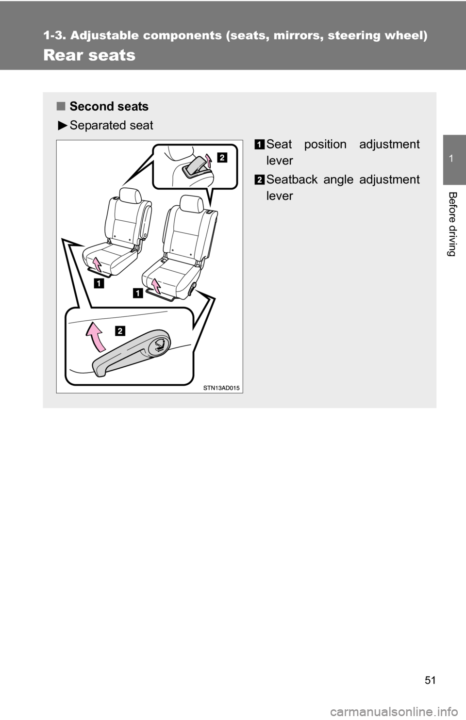 TOYOTA SEQUOIA 2009 2.G Workshop Manual 51
1
1-3. Adjustable components (seats, mirrors, steering wheel)
Before driving
Rear seats
■Second seats
Separated seat
Seat position adjustment
lever
Seatback angle adjustment
lever 