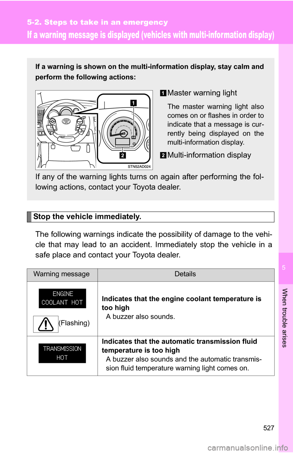 TOYOTA SEQUOIA 2009 2.G Owners Manual 5
When trouble arises
527
5-2. Steps to take in an emergency
If a war ning message is displayed (vehicles with multi-infor mation display)
Stop the vehicle immediately.The following warnings indicate TOYOTA SEQUOIA 2009 2.G Owners Manual 5
When trouble arises
527
5-2. Steps to take in an emergency
If a war ning message is displayed (vehicles with multi-infor mation display)
Stop the vehicle immediately.The following warnings indicate