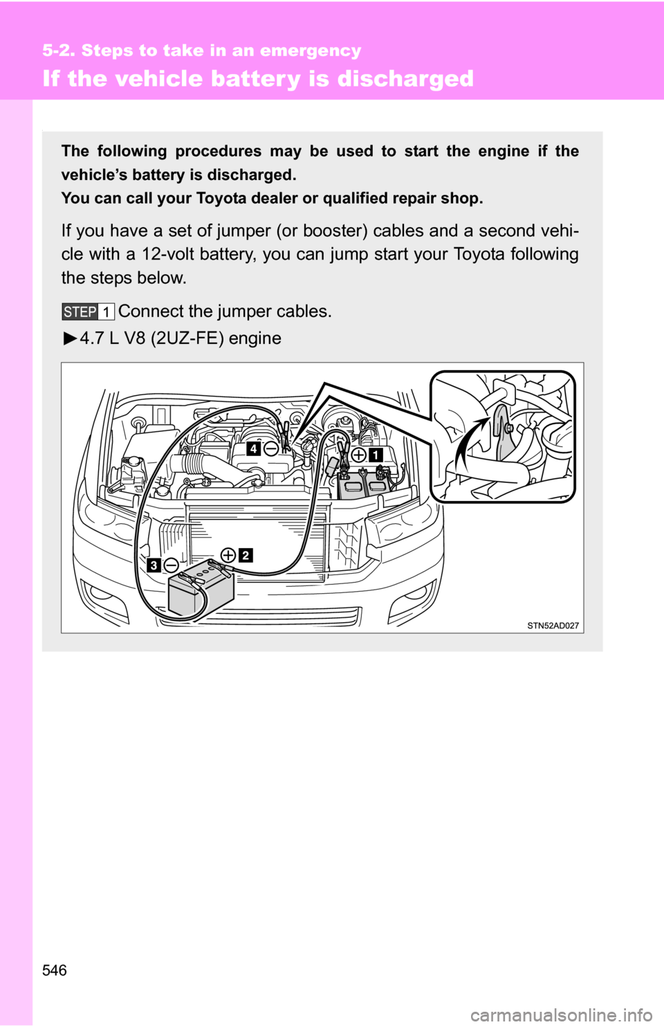 TOYOTA SEQUOIA 2009 2.G Owners Manual 546
5-2. Steps to take in an emergency
If the vehicle batter y is discharged
.
The following procedures may be used to start the engine if the
vehicle’s battery is discharged.
You can call your Toyo TOYOTA SEQUOIA 2009 2.G Owners Manual 546
5-2. Steps to take in an emergency
If the vehicle batter y is discharged
.
The following procedures may be used to start the engine if the
vehicle’s battery is discharged.
You can call your Toyo