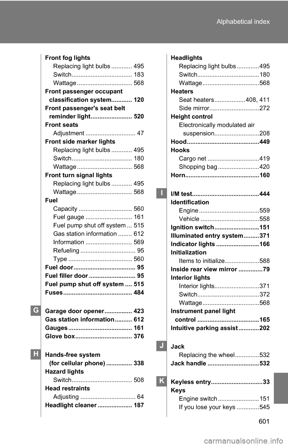 TOYOTA SEQUOIA 2009 2.G Owners Manual 601
Alphabetical index
Front fog lights
Replacing light bulbs ............ 495
Switch ................................... 183
Wattage ................................ 568
Front passenger occupant 
cla