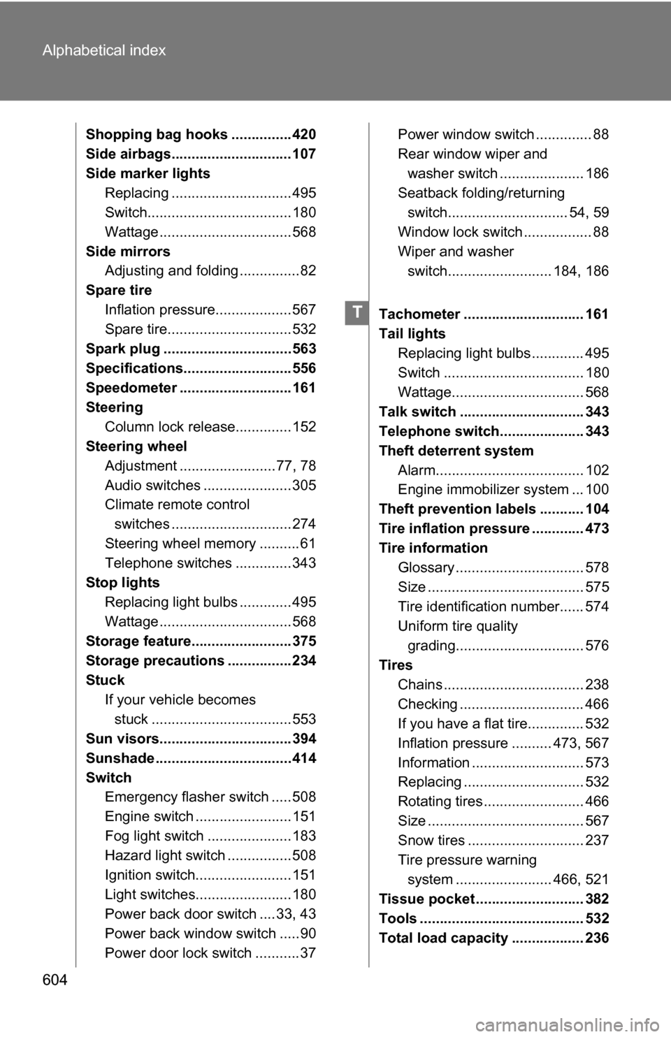 TOYOTA SEQUOIA 2009 2.G Owners Manual 604 Alphabetical index
Shopping bag hooks ............... 420
Side airbags.............................. 107
Side marker lightsReplacing .............................. 495
Switch......................