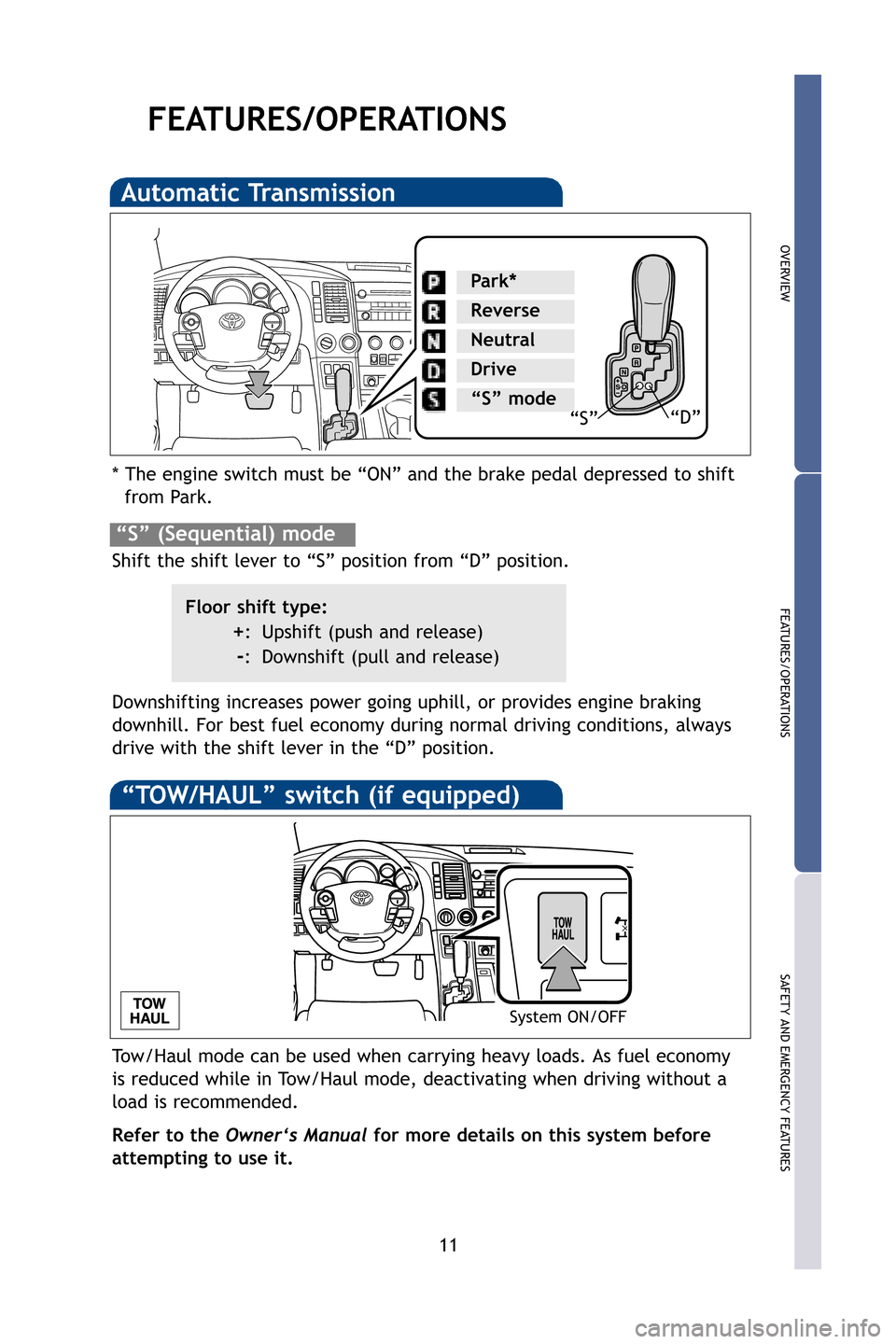 TOYOTA SEQUOIA 2009 2.G Quick Reference Guide 11
OVERVIEW
FEATURES/OPERATIONS
SAFETY AND EMERGENCY FEATURES
FEATURES/OPERATIONS
Automatic Transmission
* The engine switch must be “ON” and the brake pedal depressed to \
shift from Park.
Downsh