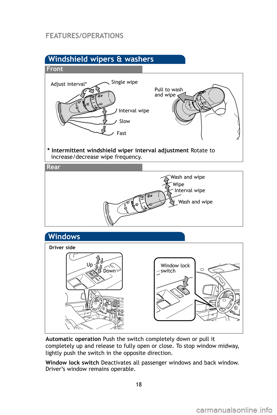 TOYOTA SEQUOIA 2009 2.G Quick Reference Guide 18
Windshield wipers & washers
Interval wipe
Single wipe
Slow
Fast Pull to wash
and wipe
Front
Rear
Wash and wipe
WipeInterval wipe
Wash and wipe
FEATURES/OPERATIONS
Windows
Window lock
switch
Automat
