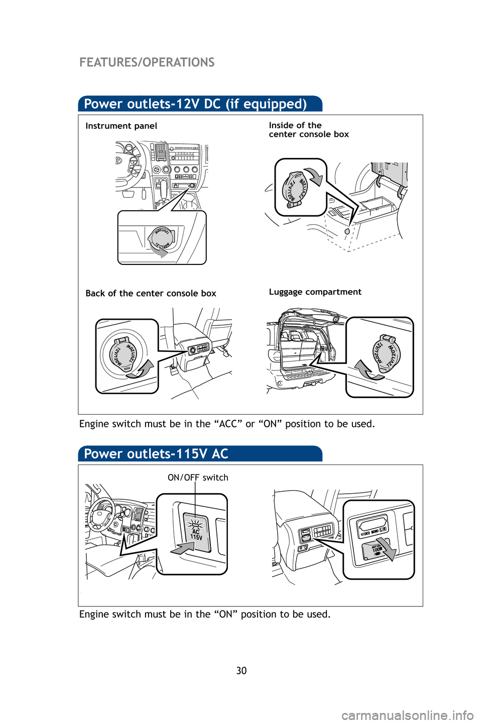TOYOTA SEQUOIA 2009 2.G Quick Reference Guide 30
FEATURES/OPERATIONS
Power outlets-115V AC
ON/OFF switch
Engine switch must be in the “ON” position to be used.
Power outlets-12V DC (if equipped)
Luggage compartment
Instrument panelInside of t TOYOTA SEQUOIA 2009 2.G Quick Reference Guide 30
FEATURES/OPERATIONS
Power outlets-115V AC
ON/OFF switch
Engine switch must be in the “ON” position to be used.
Power outlets-12V DC (if equipped)
Luggage compartment
Instrument panelInside of t