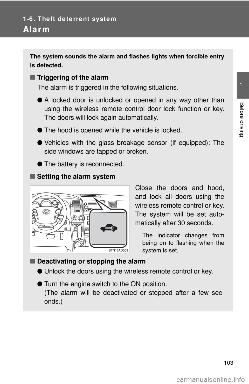 TOYOTA SEQUOIA 2010 2.G Owners Manual 103
1
1-6. Theft deterrent system
Before driving
Alarm
The system sounds the alarm and flashes lights when forcible entry
is detected.
■ Triggering of the alarm
The alarm is triggered in the followi