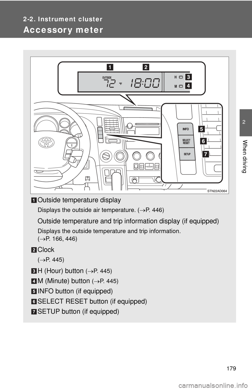 TOYOTA SEQUOIA 2010 2.G Owners Manual 179
2-2. Instrument cluster
2
When driving
Accessor y meter
Outside temperature display
Displays the outside air temperature. (P. 446)
Outside temperature and trip information display (if equipped)