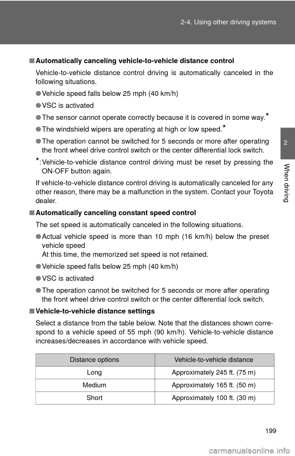 TOYOTA SEQUOIA 2010 2.G Owners Manual 199
2-4. Using other
driving systems
2
When driving
■Automatically canceling vehicle-to-vehicle distance control
Vehicle-to-vehicle distance control driving is automatically canceled in the
followi TOYOTA SEQUOIA 2010 2.G Owners Manual 199
2-4. Using other
driving systems
2
When driving
■Automatically canceling vehicle-to-vehicle distance control
Vehicle-to-vehicle distance control driving is automatically canceled in the
followi