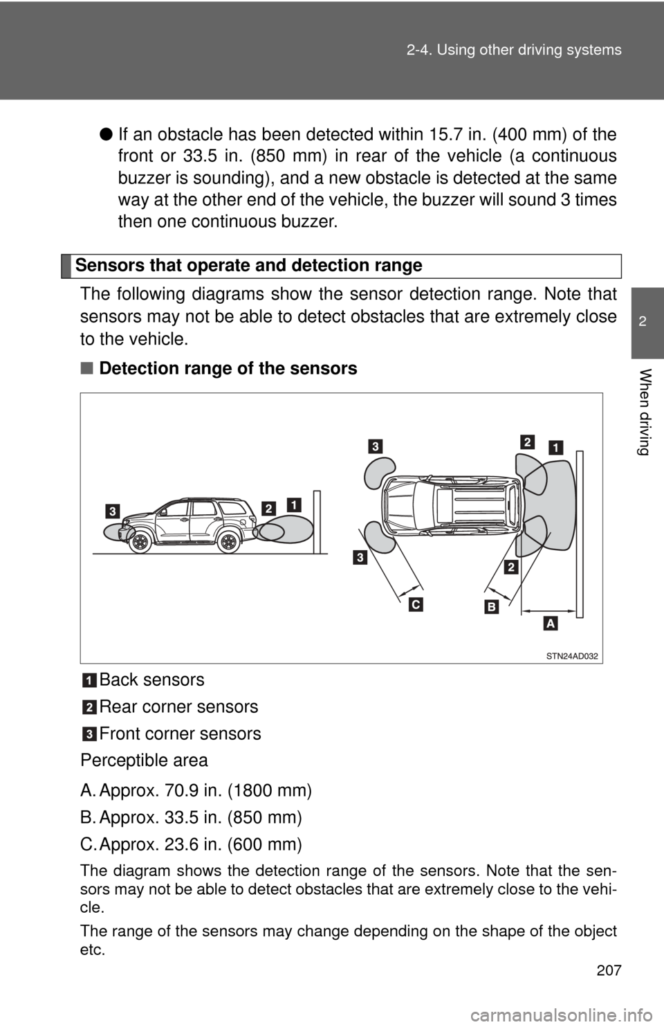 TOYOTA SEQUOIA 2010 2.G Owners Manual 207
2-4. Using other
driving systems
2
When driving
●If an obstacle has been detected within 15.7 in. (400 mm) of the
front or 33.5 in. (850 mm) in rear of the vehicle (a continuous
buzzer is sound TOYOTA SEQUOIA 2010 2.G Owners Manual 207
2-4. Using other
driving systems
2
When driving
●If an obstacle has been detected within 15.7 in. (400 mm) of the
front or 33.5 in. (850 mm) in rear of the vehicle (a continuous
buzzer is sound