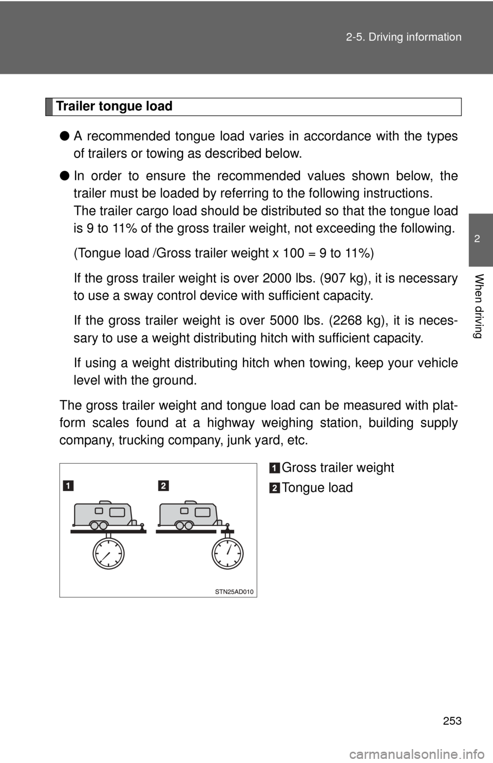 TOYOTA SEQUOIA 2010 2.G Owners Manual 253
2-5. Driving information
2
When driving
Trailer tongue load
● A recommended tongue load varies in accordance with the types
of trailers or towing as described below.
● In order to ensure the r
