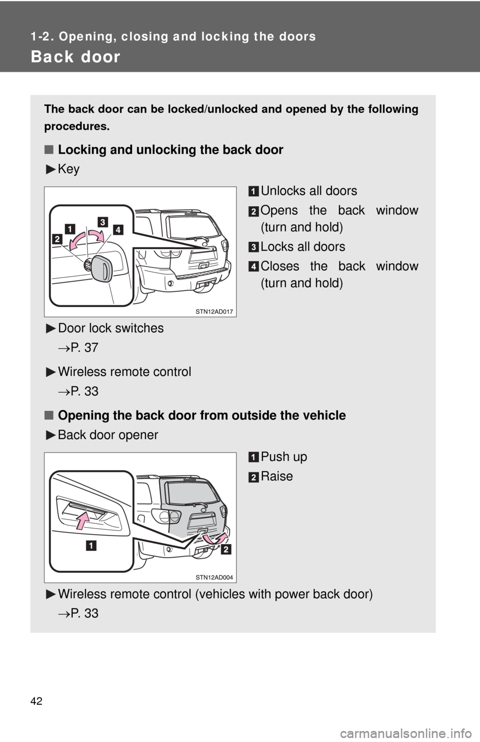 TOYOTA SEQUOIA 2010 2.G Service Manual 42
1-2. Opening, closing and locking the doors
Back door
The back door can be locked/unlocked and opened by the following
procedures.
■Locking and unlocking the back door
Key
Unlocks all doors
Open TOYOTA SEQUOIA 2010 2.G Service Manual 42
1-2. Opening, closing and locking the doors
Back door
The back door can be locked/unlocked and opened by the following
procedures.
■Locking and unlocking the back door
Key
Unlocks all doors
Open