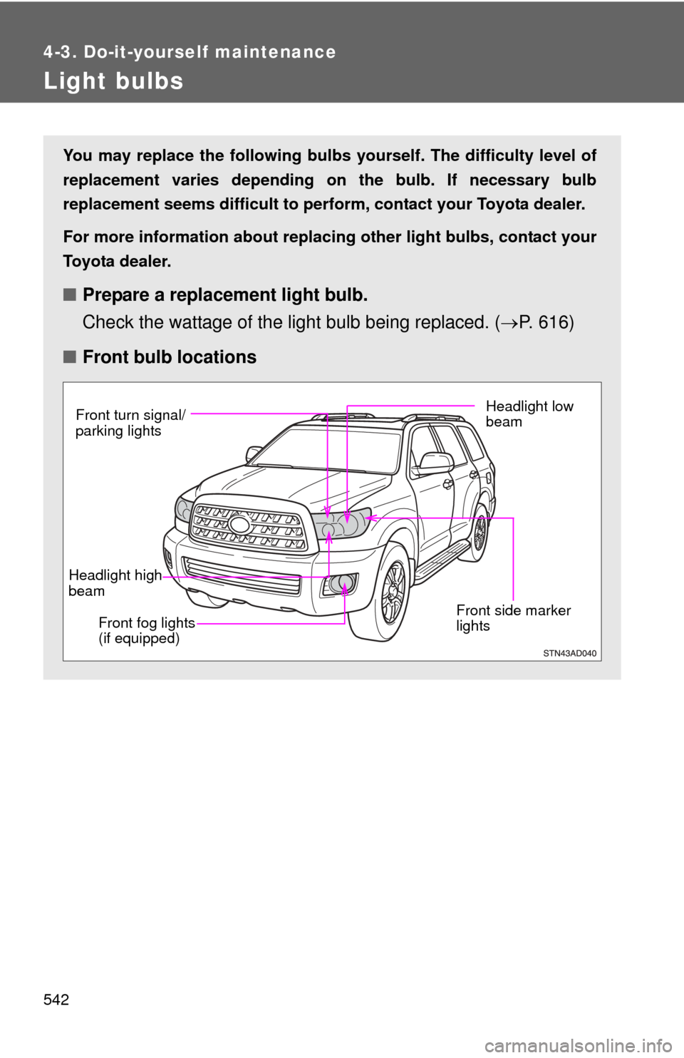 TOYOTA SEQUOIA 2010 2.G Owners Manual 542
4-3. Do-it-yourself maintenance
Light bulbs
You may replace the following bulbs yourself. The difficulty level of
replacement varies depending on the bulb. If necessary bulb
replacement seems diff