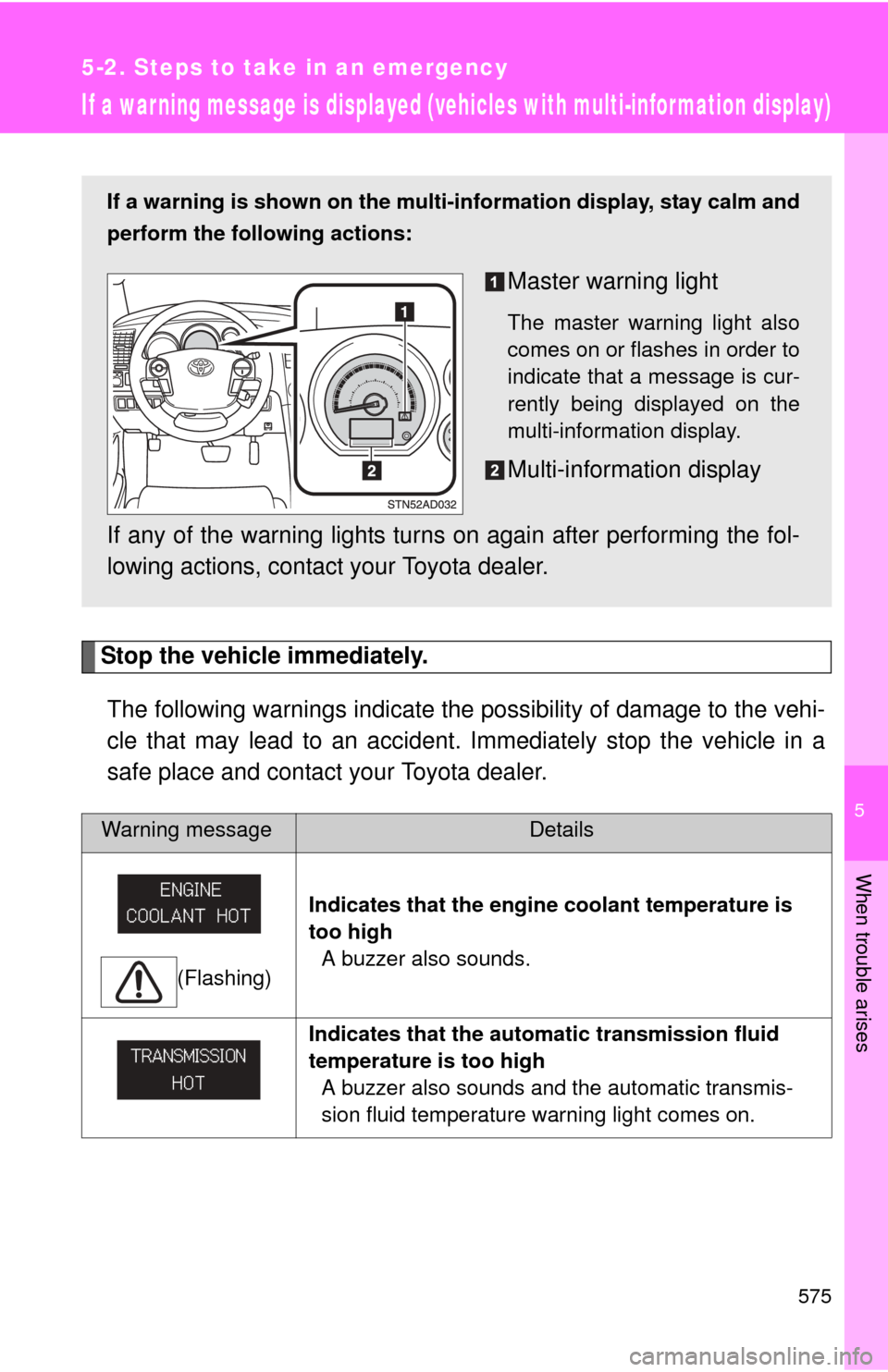 TOYOTA SEQUOIA 2010 2.G Owners Manual 5
When trouble arises
575
5-2. Steps to take in an emergency
If a war ning message is displayed (vehicles with multi-infor mation display)
Stop the vehicle immediately.The following warnings indicate 