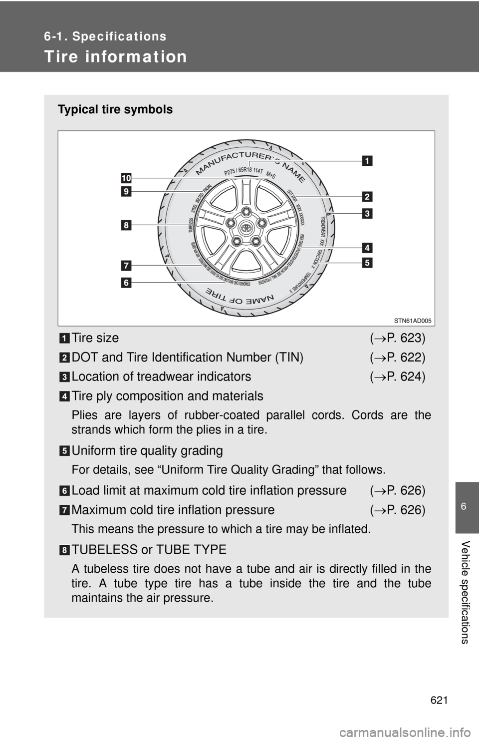 TOYOTA SEQUOIA 2010 2.G Owners Manual 621
6-1. Specifications
6
Vehicle specifications
Tire infor mation
Typical tire symbols
Tire size( P. 623)
DOT and Tire Identification Number (TIN) ( P. 622)
Location of treadwear indicators (�