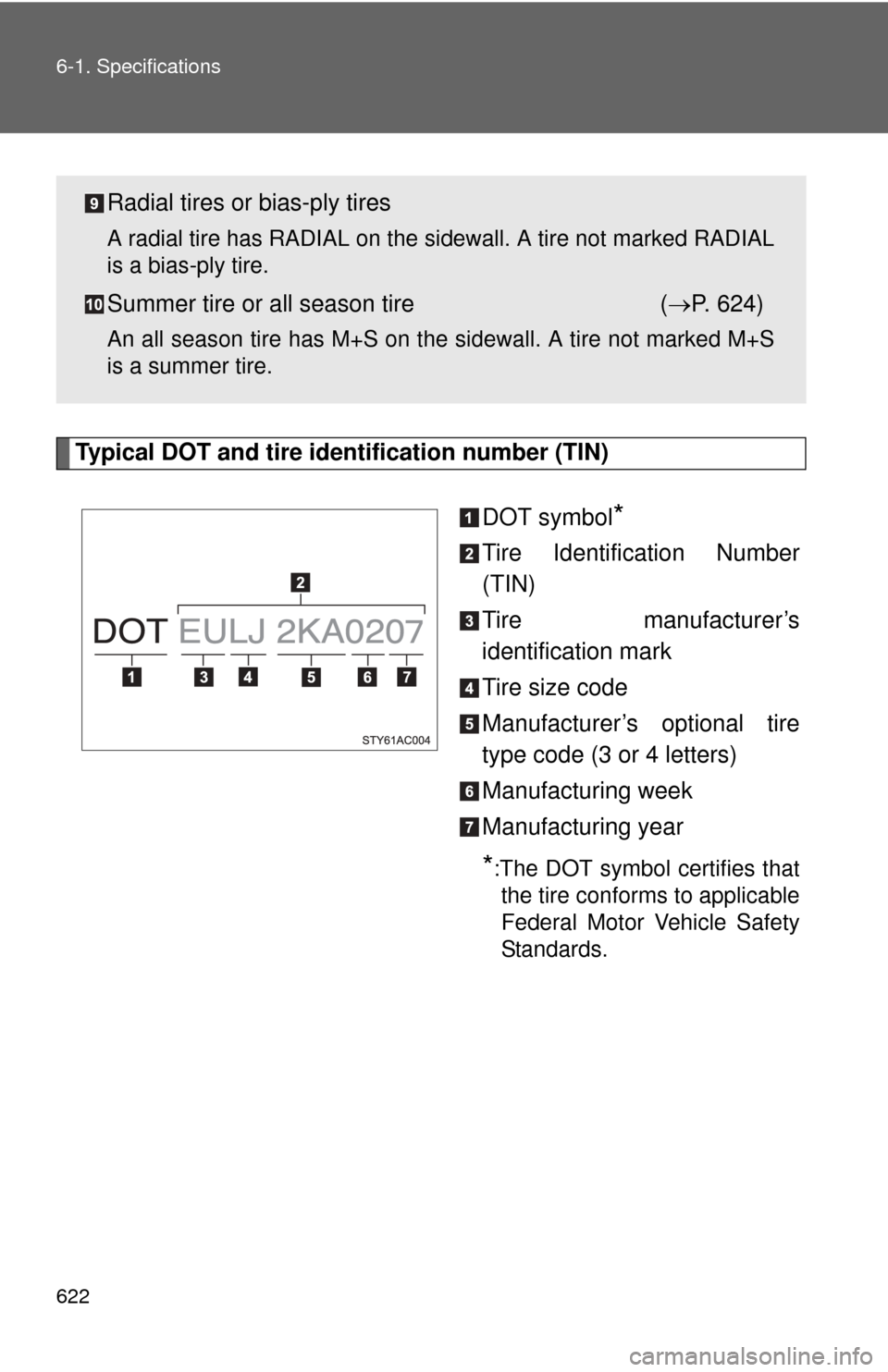 TOYOTA SEQUOIA 2010 2.G Owners Manual 622 6-1. Specifications
Typical DOT and tire identification number (TIN)DOT symbol
*
Tire Identification Number
(TIN)
Tire manufacturer’s
identification mark
Tire size code
Manufacturer’s optional