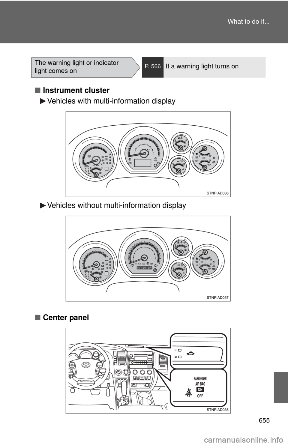 TOYOTA SEQUOIA 2010 2.G Owners Manual 655
What to do if...
■
Instrument cluster
■ Center panel
The warning light or indicator
light comes onP. 566If a warning light turns on
Vehicles with multi-information display
Vehicles without mu TOYOTA SEQUOIA 2010 2.G Owners Manual 655
What to do if...
■
Instrument cluster
■ Center panel
The warning light or indicator
light comes onP. 566If a warning light turns on
Vehicles with multi-information display
Vehicles without mu
