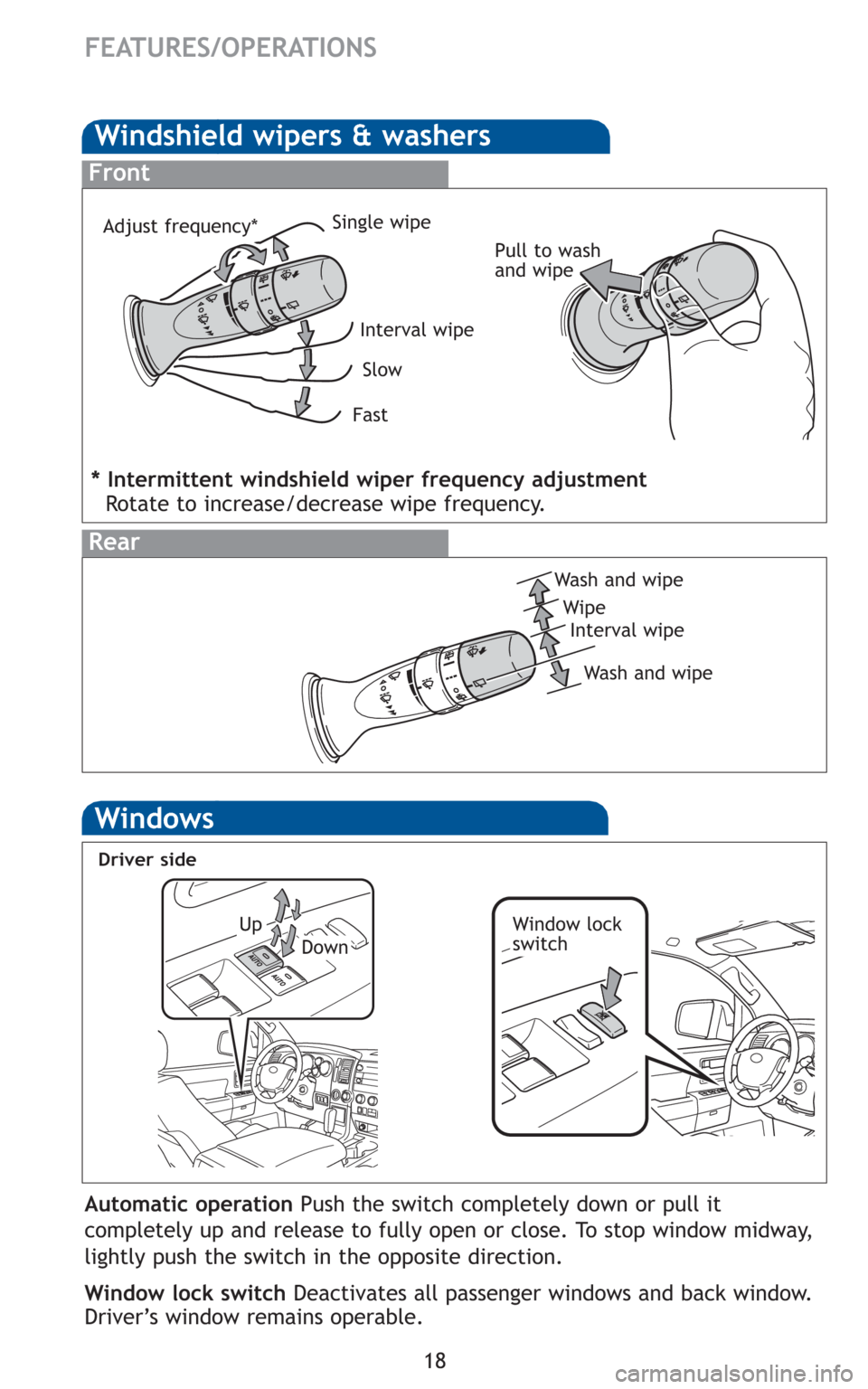 TOYOTA SEQUOIA 2010 2.G Quick Reference Guide 18
Windshield wipers & washers
Interval wipe Single wipe
Slow
FastPull to wash
and wipe
Front
Rear
Wash and wipe
WipeInterval wipe
Wash and wipe
FEATURES/OPERATIONS
Windows
Window lock
switch
Automati