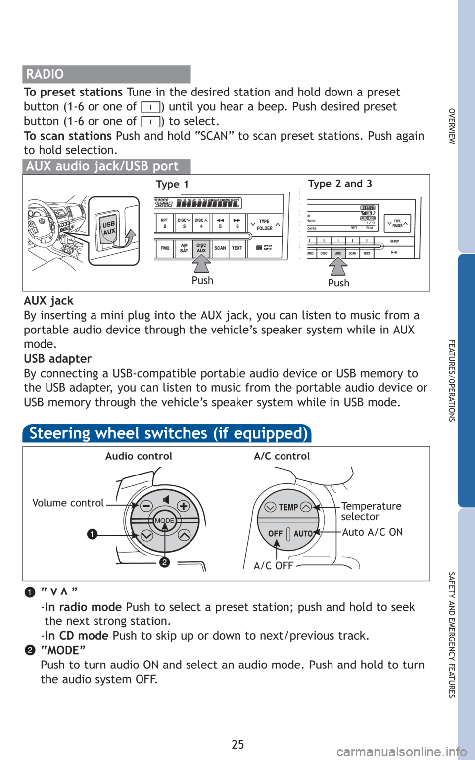 TOYOTA SEQUOIA 2010 2.G Quick Reference Guide 25
OVERVIEW
FEATURES/OPERATIONS
SAFETY AND EMERGENCY FEATURES
RADIO
To preset stations Tune in the desired station and hold down a preset
button (1-6 or one of ) until you hear a beep. Push desired p TOYOTA SEQUOIA 2010 2.G Quick Reference Guide 25
OVERVIEW
FEATURES/OPERATIONS
SAFETY AND EMERGENCY FEATURES
RADIO
To preset stations Tune in the desired station and hold down a preset
button (1-6 or one of ) until you hear a beep. Push desired p