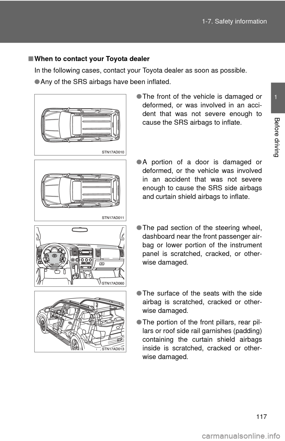 TOYOTA SEQUOIA 2011 2.G Owners Manual 117
1-7. Safety information
1
Before driving
■
When to contact your Toyota dealer
In the following cases, contact your Toyota dealer as soon as possible.
●Any of the SRS airbags have been inflated TOYOTA SEQUOIA 2011 2.G Owners Manual 117
1-7. Safety information
1
Before driving
■
When to contact your Toyota dealer
In the following cases, contact your Toyota dealer as soon as possible.
●Any of the SRS airbags have been inflated