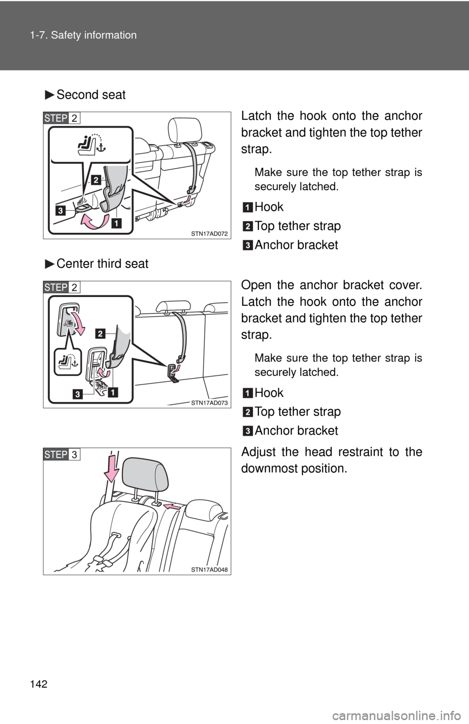 TOYOTA SEQUOIA 2011 2.G Owners Manual 142 1-7. Safety information
Second seatLatch the hook onto the anchor
bracket and tighten the top tether
strap.
Make sure the top tether strap is
securely latched.
Hook
Top tether strap
Anchor bracket TOYOTA SEQUOIA 2011 2.G Owners Manual 142 1-7. Safety information
Second seatLatch the hook onto the anchor
bracket and tighten the top tether
strap.
Make sure the top tether strap is
securely latched.
Hook
Top tether strap
Anchor bracket