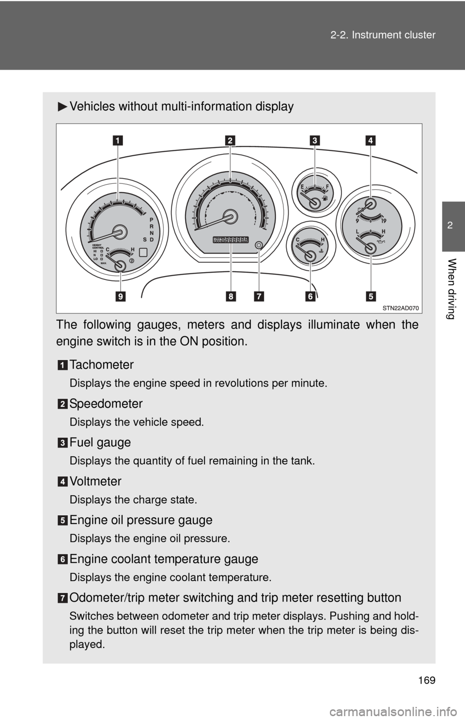 TOYOTA SEQUOIA 2011 2.G Owners Manual 169
2-2. Instrument cluster
2
When driving
Vehicles without multi-information display
The following gauges, meters and displays illuminate when the
engine switch is in the ON position. Tachometer
Disp